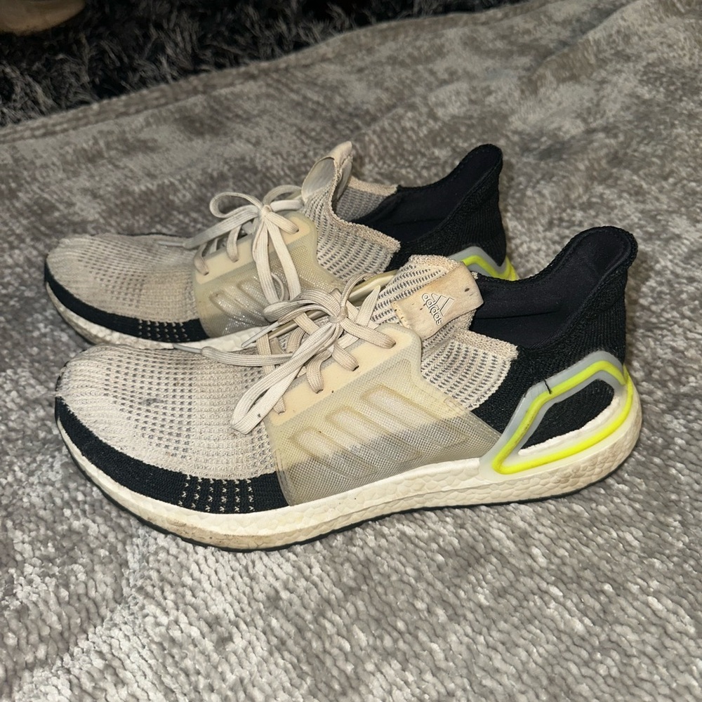 Adidas Cream and Black Running Shoes with Neon Highlights